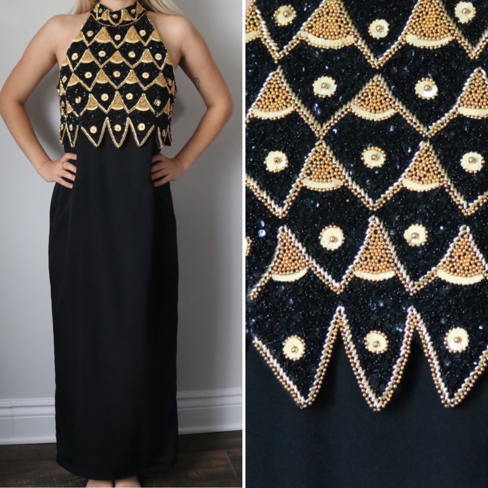 Black & gold glamorous vintage sequined gown